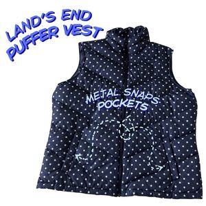 Lands’ End Women’s Navy Polka Dot Down Puffer Vest Metal Snaps Size XL